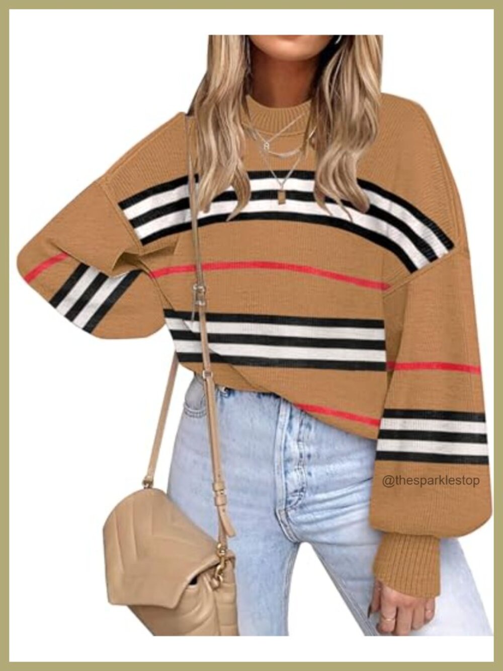 Womens Oversized Striped Knit Pullover Sweater Long Sleeve Crewneck